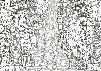Fototapeta na wymiar New year pattern for coloring book with Christmas trees and gifts. Hand-drawn decorative elements in vector. Black and white. Zentangle.