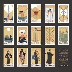 Minor Arcana Tarot cards. Swords From Ace to the figures of the Court. JPG High resolution - obrazy, fototapety, plakaty