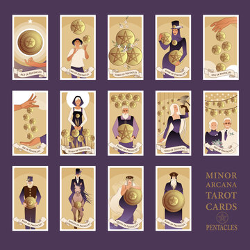 Minor Arcana Tarot cards. Pentacles From Ace to the figures of the Court.  JPG High resolution Stock イラスト | Adobe Stock