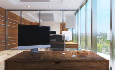 Side view of modern interior. 3D rendering.. Empty paintings