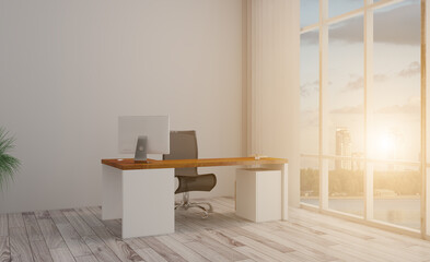 Elegant office interior. Mixed media. 3D rendering.. Sunset