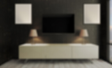 Unfocused, Blur phototography. Interior of a living room with a large window. TV weighs on the wall. Chairs on the parquet floor. Mockup.   Empty paintings. 3D rendering