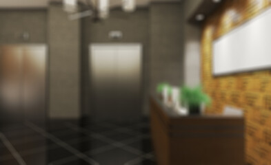 Unfocused, Blur phototography. Reception is a small business center. closed space. stainless steel elevator doors. concrete and wood panel walls. 3D rendering. Mockup.   Empty paintings