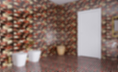 Unfocused, Blur phototography. Spacious bathroom in gray tones with heated floors, freestanding tub. 3D rendering.