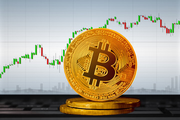 Bitcoin BTC golden coin on the background of the chart; bitcoin cryptocurrency