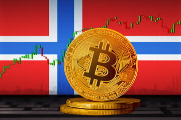 Bitcoin Norway; bitcoin (BTC) coin on the background of the flag of Norway