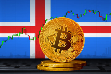 Bitcoin Iceland; bitcoin (BTC) coin on the background of the flag of Iceland