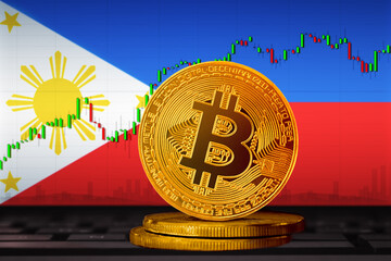 Bitcoin Philippines; bitcoin (BTC) coin on the background of the flag of Philippines