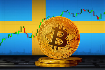 Bitcoin Sweden; bitcoin (BTC) coin on the background of the flag of Sweden