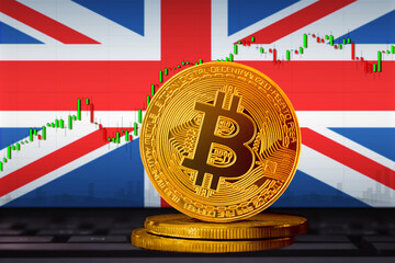 Bitcoin United Kingdom UK; bitcoin (BTC) coin on the background of the flag of United Kingdom