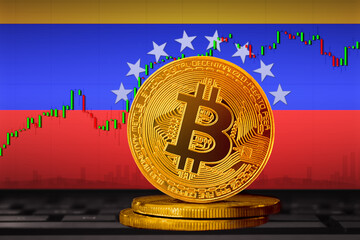 Bitcoin Venezuela; bitcoin (BTC) coin on the background of the flag of Venezuela