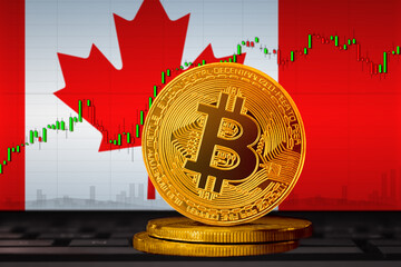 Bitcoin Canada; bitcoin (BTC) coin on the background of the flag of Canada
