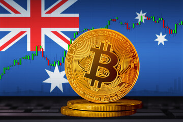 Bitcoin Australia; bitcoin (BTC) coin on the background of the flag of Australia
