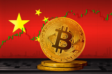 Bitcoin China; bitcoin (BTC) coin on the background of the flag of China
