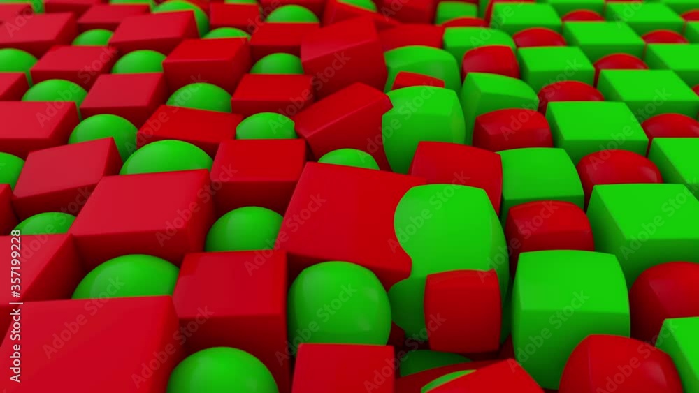 Poster 3d animation of a geometric background. cubes and balls are staggered, red and green. changing and r