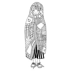 The cute little girl wrapped in a blanket. Сoloring book page. Ethnic patterns. Black and white vector illustration.