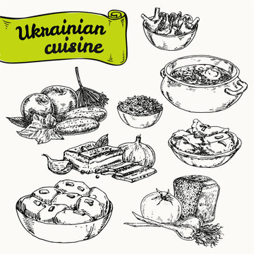 Set of illustrations of national Ukrainian cuisine. graphic hand drawn sketches. vector illustration