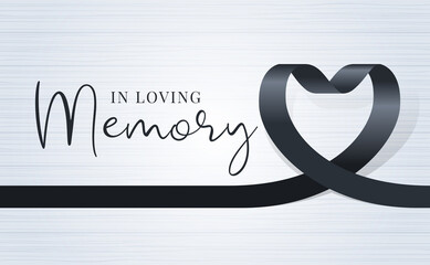 in loving memory text and black heart ribbon sign on soft light wood texture background vector design