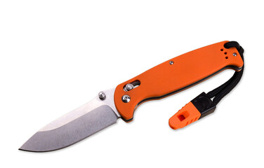 Rescue and survival folding knife with whistle on white background.
