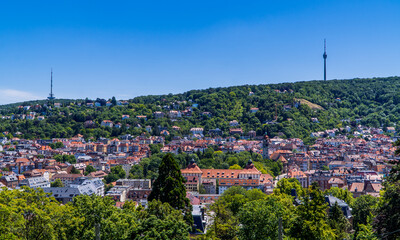 Stuttgart city view with the TV tower, old houses, and churches seen from Karlshöhe
