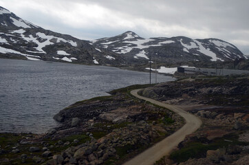 Views from the train window. Mountain tundra of Central Norway. Railway travel in Norway.The Bergen...