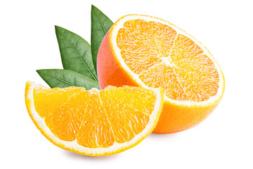 Orange fruit with green leaves isolated on white background. Clipping path. Full depth of field.