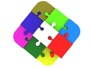 Colored puzzle pieces in an abstract design