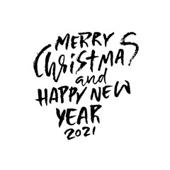 Hand drawn phrase Merry Christmas and Happy New Year. Modern dry brush lettering design. Vector typography vector illustration.
