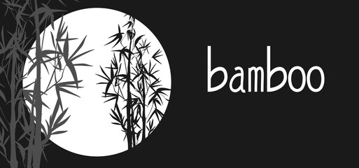 Vector isolated black and white ink bamboo with leaves and branches on a dark background. Illustration in Chinese and Japanese style, contrast graphics