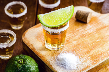detail of the tequila drink, with a specific focus on the lemon. Typical drink from Mexico.