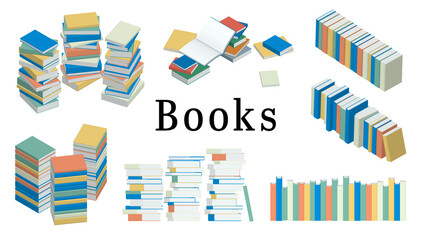 積読, 積まれた本のフラットなベクターイラストのバリエーション