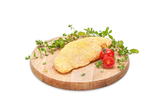 Crispy Fresh Raw Chicken Fillet breaded with bread crumbs
