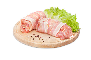 Fresh Raw Bacon Wrapped Meat Roll Chicken ready for bake
