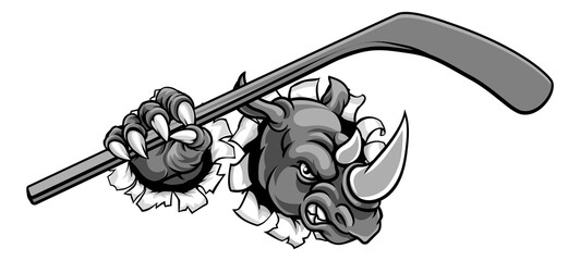 A rhino ice hockey player animal sports mascot holding a hockey stick © Christos Georghiou