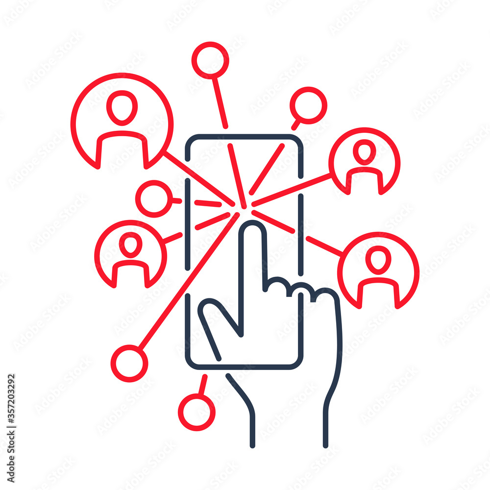 Poster networking logo - internet share with friends icon - hand touching smartphone screen with user avata