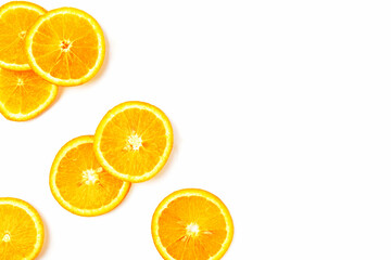 Orange slices isolated on abstract white background with copy space