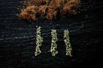 3 cannabis paths, tobacco on a black wooden background. Marijuana legalization. Medical cannabis. Drug addiction.