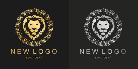 Gold logo with a lion. Classic vintage icon with frame