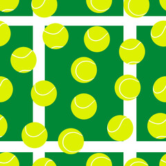 Bright seamless pattern with tennis balls on grass court. Vector elements