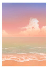 Vector illustration of tropical beach in sunset. Hand painted watercolor background.