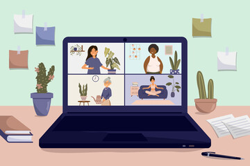 Entertainment during quarantine. Group of people talking by internet. Video conference, workplace, laptop screen illustration. Stream, web chatting, online meeting friends. Vector illustration.