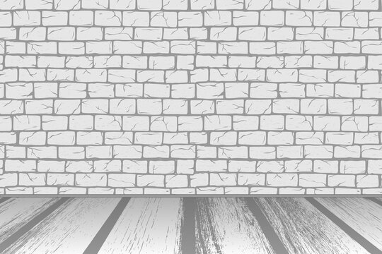 Brick White Wall with floor, old rectangle bricks for poster house facade decoration. Rough vintage exterior/interior of room, tool shop, DIY store, garden center or graffiti art. Vector background
