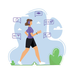 A young woman is engaged in walking in the fresh air. A woman wears a fitness tracker, pedometer. Vector illustration. 