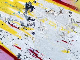 Painted distressed wall surface. Shabby building facade with damaged plaster. Empty old wall texture. Grungy wide concrete wall. Grunge stonewall background. Abstract web banner. Great texture