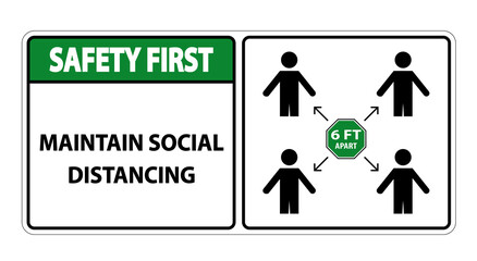 Safety First Maintain social distancing, stay 6ft apart sign,coronavirus COVID-19 Sign Isolate On White Background,Vector Illustration EPS.10