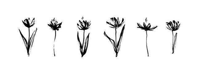 Grunge dirty decorative flowers. Hand drawn black vector floral collection, isolated on white background. Modern ink graphic art, expressive brush strokes
