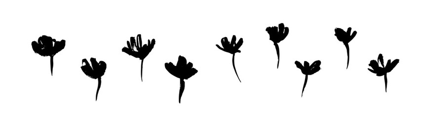 Hand drawn black flowers. Grunge dirty decorative vector floral collection, isolated on white background. Modern ink expressive brush strokes graphic art
