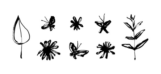 Schmutzige dekorative Elemente des Schmutzes mit Blumen und Schmetterlingen lokalisiert auf weißem Hintergrund. Handgezeichnete schwarze Vektorsammlung, moderne Tintengrafik, ausdrucksstarke Pinselstriche