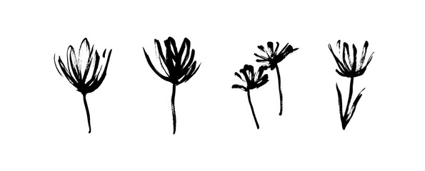 Grunge dirty decorative flowers. Hand drawn black vector floral collection, isolated on white background. Modern ink expressive brush strokes graphic art