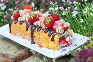 Swiss roll cake with fruit